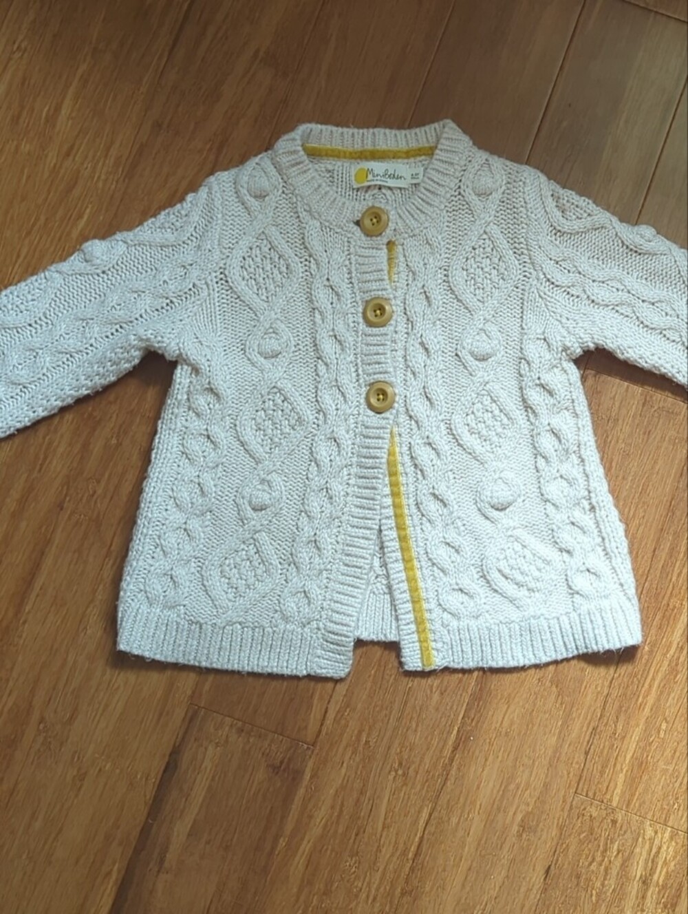 Mini Boden Cream Cable Knit Cardigan with Yellow Trim